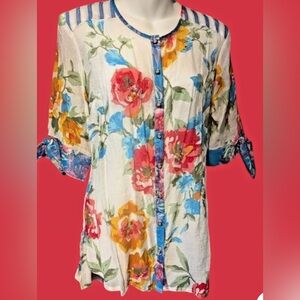 Aratta Silent Journey XL NWT Floral Button-Up Blouse with Stripes